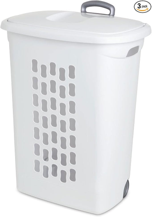 Sterilite Ultra Wheeled Hamper, Laundry Basket w/Flip-Top Lid, 6-Pack | Plastic Rolling Clothes Storage Cart with Retractable Handle & Ventilated Holes for Home, Apartment or Dorm