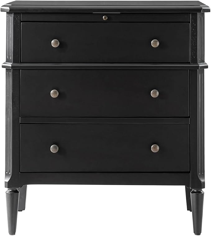 HULALA HOME 30 Inches Side Table with Charging Station, Black | Spindle Legs, Hidden Drawer, Pull-Out Tray, Built-In Outlet, Chamfered Edges, Adjustable Feet, Transitional Style