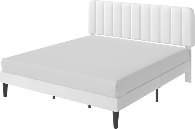 VECELO King Size Bed Frame with Upholstered Headboard, Velvet Platform Bedframe Mattress Foundation, Strong Wood Slat Support, No Box Spring Needed,White