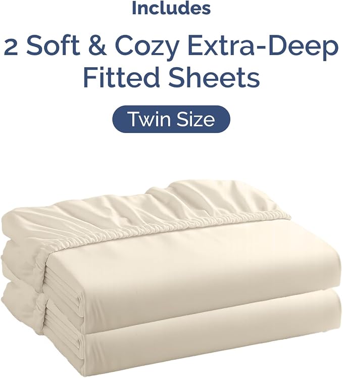 2 Pack Extra Deep Twin Fitted Sheets with Extra Deep Pockets - Off White | Hotel Luxury Bottom Fitted Sheets Only, Soft, Fade & Wrinkle Free, Breathable & Comfy, All Around Elastic Fitted Sheets