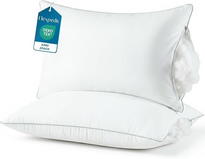 King Size Pillows Set of 2-Soft Adjustable Fluffy Bed Pillows for Sleeping | Down Alternative Fill Pillows, Zippered Plush Support, Hotel Quality, Oeko-TEX, Machine Washable, 110GSM Grey Piping, King
