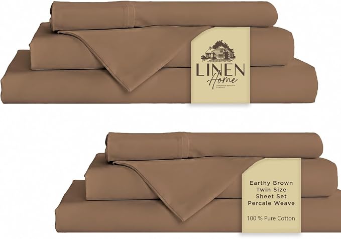 Linen Home 100% Cotton Percale Sheets Twin Size Pack of 2, Earthy Brown, Deep Pocket, 6 Pieces Set- 2 Flat, 2 Fitted and 2 Pillowcases, Crisp Cool and Long Staple Strong Bed Linen