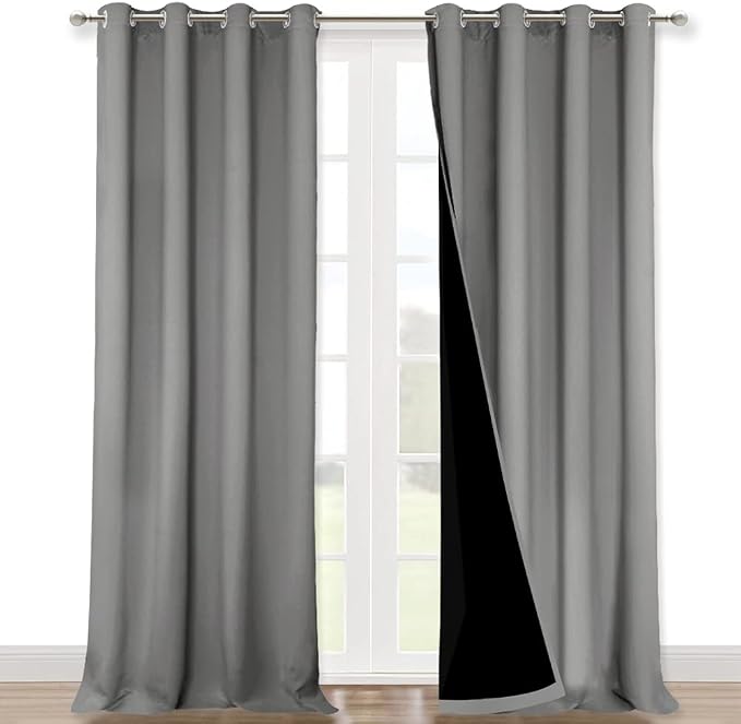 NICETOWN Silver Grey Blackout Curtains for Hall 52" w x 95" L 2 Panels | Total Shade Heavy-Duty Full Light Shading Drapes with Black Liner Backing for Villa Dorm Window, Bedroom Privacy Home Decor