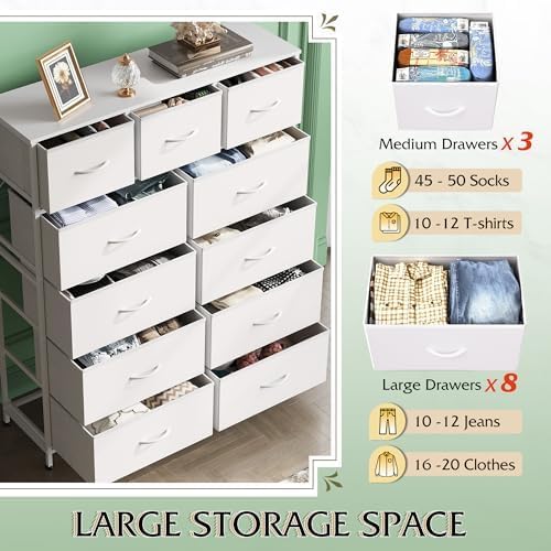WLIVE Tall Dresser for Bedroom, 11 Drawer Chest of Drawers, White | 11 fabric storage drawers, Tall high-capacity design, Bedroom or dorm use, Sturdy steel frame, Smooth wood tabletop