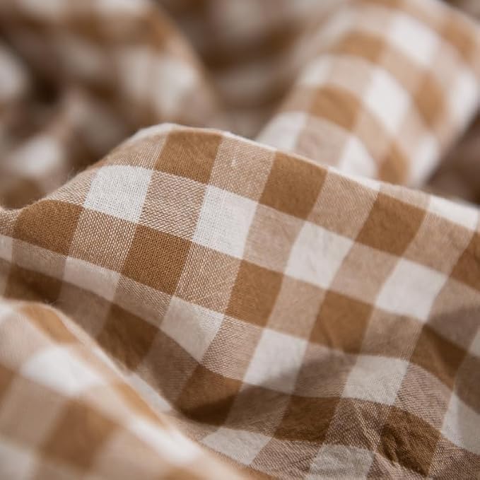 NEXHOME PRO Tan Gingham Duvet Cover King, 100% Washed Cotton Like Linen Feel Organic Natural Bedding Set 3 Piece Brown Vintage Plaid Checkered Comforter Cover Set (No Comforter) 10490