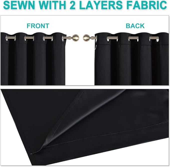 NICETOWN 100% Blackout Window Curtain Panels, Full Light Blocking Drapes with Black Liner for Nursery, 78 inches Drop Thermal Bedroom Drapes and Curtains (Black, 2 Pieces, 55 inches Wide Per Panel)
