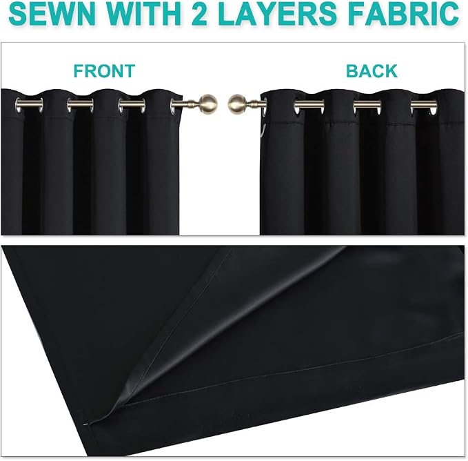 NICETOWN Black Blackout Curtains for Kids Room 37" Wide x 60" Long 2 Panels | Complete 100% Blackout Thermal Insulated Energy Efficiency Window Draperies with Black Liner, Noise Reducing Short Curtains