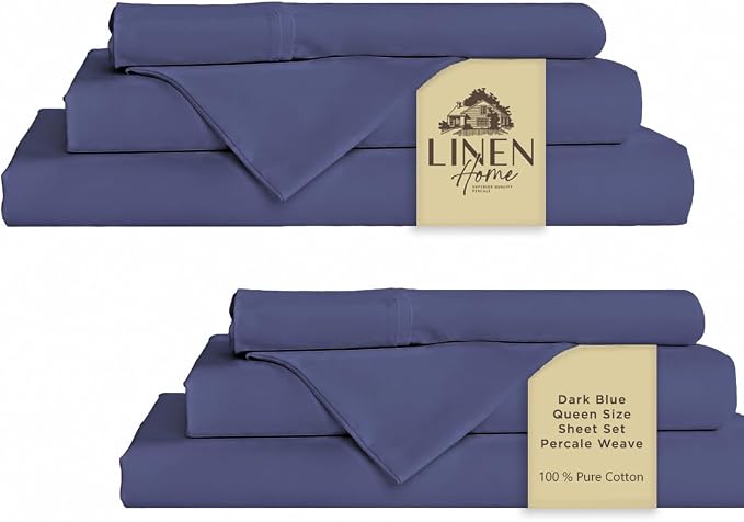 Linen Home 2-Pack Queen Sheet Set, 100% Cotton Percale Bedding, 8-Piece Value Bundle, Deep Pocket Cooling Bed Sheets for Hot Sleepers, Breathable & Crisp Hotel Quality, Long-Staple Cotton, Dark Blue