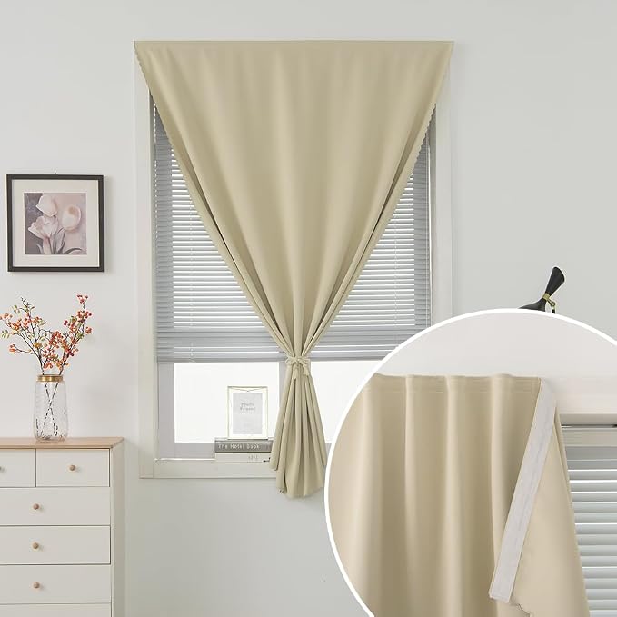 Blackout Curtains with Self Adhesive Tape No Rod No Drill Easy Install Window Cover for Bedroom Kitchen Dorm 70" W x 72" L Beige 1 Panel