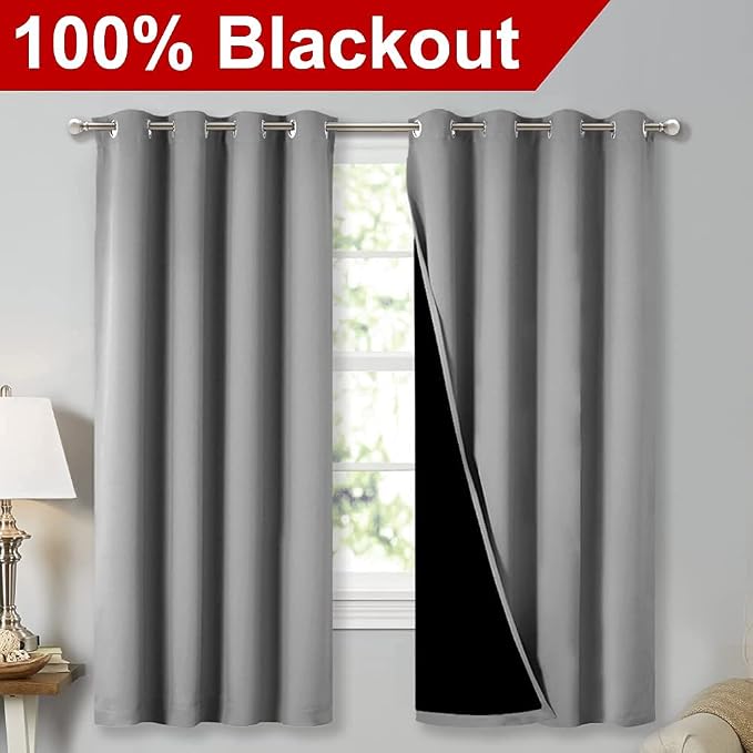 NICETOWN Silver Grey Blackout Curtains for Bedroom 52" w x 63" L 2 Panels | 100% Room Darkening with Black Liners Thermal Insulated 2-Layer Lined Drapes, Energy Efficiency Window Draperies Home Decor