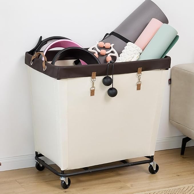 StorageWorks 320L Laundry Basket with Wheels, Rolling Hampers for Clothing | Extra Large Beige Laundry Basket with Wheels, Metal Frame & Handles, Hamper for Bedroom, Bathroom, Hotel