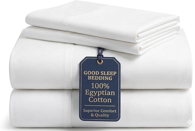 Good Sleep Bedding 100% Egyptian Cotton Sheets King Size, 4 Piece Silky Sateen Weave King Sheets, Ultra-Soft & Durable Hotel Luxury, 16 Inch Deep Pocket King Sheet Set - White