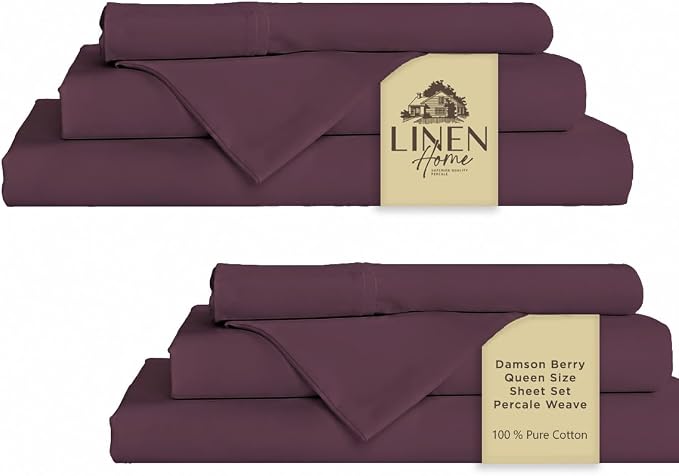 Linen Home 2-Pack Queen Sheet Set, 100% Cotton Percale Bedding, 8-Piece Value Bundle, Deep Pocket Cooling Bed Sheets for Hot Sleepers, Breathable & Crisp Hotel Quality, Long-Staple Cotton Damson Berry