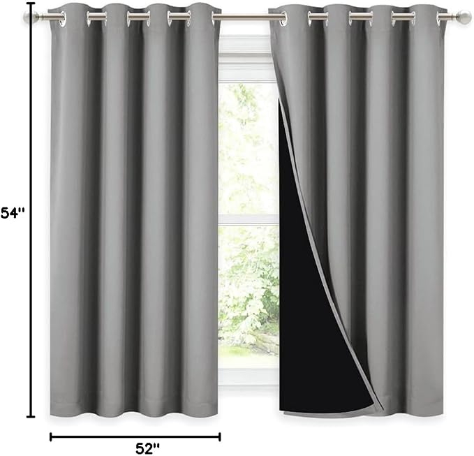 NICETOWN 100% Blackout Curtains with Black Liners, Thermal Insulated Full Blackout 2-Layer Drapes, Noise Cancellation Window Draperies for Dining Room (Silver Grey, 2 Panels, 52-inch W by 54-inch L)