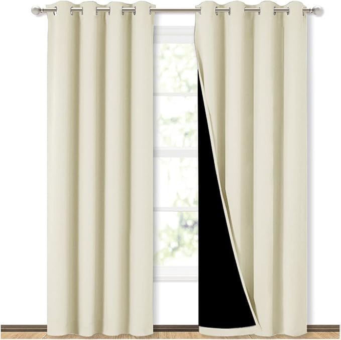 NICETOWN Beige Living Room Completely Shaded Drapes 52" w x 84" L 2 Panels | Ring Top Black Lined Insulated Window Treatment, Noise Reducing Privacy Protection Room Darkening Treatment Decor for Bedroom