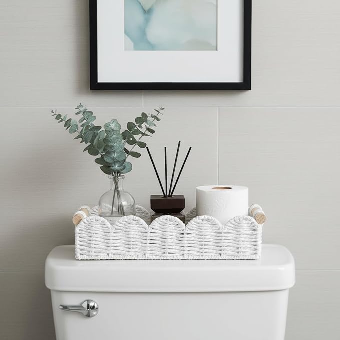 CubesLand Toilet Paper Storage Basket Organizer, Small Wicker Decor Basket | Toilet Tank Top Decorative Basket for Countertop, Handwoven Scalloped Basket W/Handle for Home Decor Living Room, White