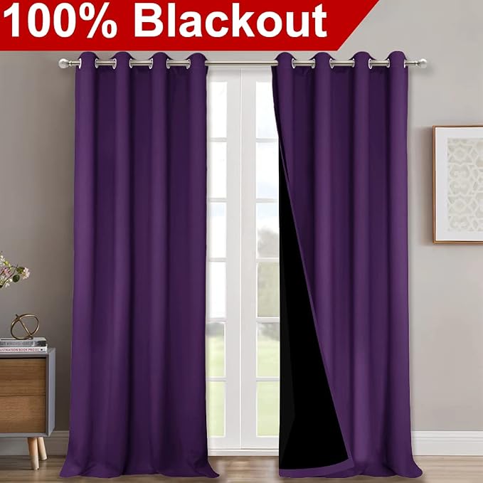 NICETOWN 100% Blackout Curtains with Black Liner Backing, Thermal Insulated Curtains for Living Room, Noise Reducing Drapes, Royal Purple, 52" Wide x 102" Long Per Panel, Set of 2 Panels