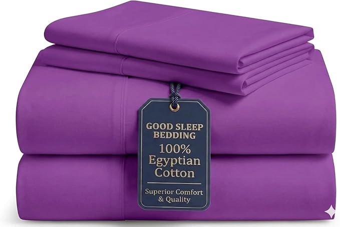 Good Sleep Bedding 100% Egyptian Cotton Sheets Queen Size Bed Set, 4 Piece Silky Sateen Weave Queen Sheet Set, Ultra-Soft & Durable Hotel Luxury, 16 Inch Queen Sheets Deep Pocket - Purple