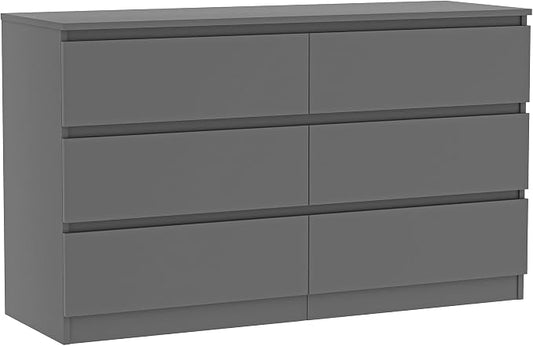 Vibe & Dine 6 Drawer Double Dresser, Modern Chest of Drawers with Wide Storage for Closet, Bedroom, Living Room (Grey)