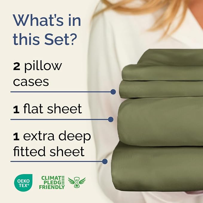 Extra Deep Queen Sheet Set - 4 Piece Breathable Cooling Sheets - Sage Green | Easily Fits 18 to 24 inch Mattress - Ultra Soft, Wrinkle & Fade Free with Extra Deep Pockets - Comfy Hotel Luxury Bedding
