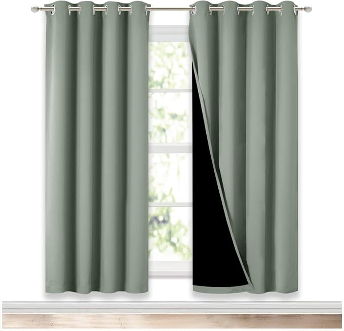 NICETOWN Greyish Green Blackout Curtains for Nursery 52" w x 72" L 2 Panels | Full Light Blocking Drapes with Black Liner, Thermal Insulated Draperies, Noise Reducing Room Darkening Window Treatment