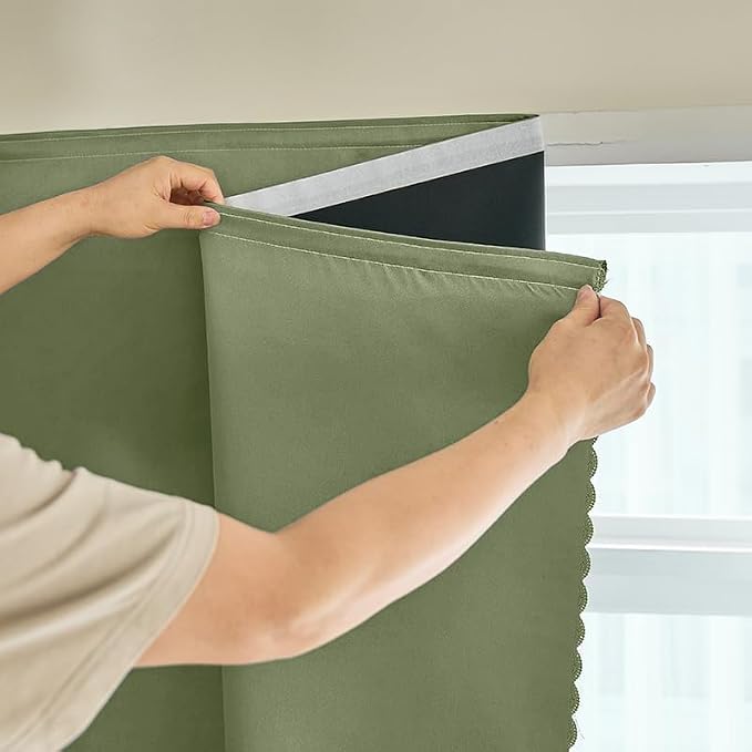 AJAZZ Self Adhesive Curtains 100% Blackout Shades Window Cover Sticky Curtain Portable Easy Open Black Out Curtains for Bedroom Living Room No Drilling (Sage Green, 59" W x 96" L 1 Panel)