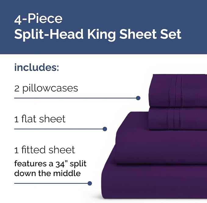 Flex Top Split Head King 4 Piece Sheet Set - Ultra-Soft & Cooling - Purple | Cooling Bed Sheets Set, Hotel Luxury Bedding for Women & Men with Deep Pockets, Wrinkle Free & Fade Resistant, Oeko-Tex