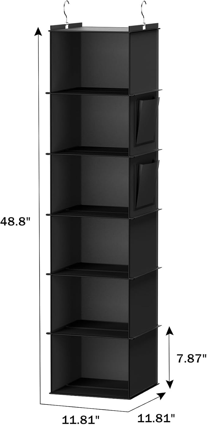 YOUDENOVA Hanging Closet Organizer and Storage, 6-Shelf, 2 Packs, Black | Breathable Fabric, 2 Side Pockets, Clothes Organizer, Hanging Shelves, Closet Storage, College Dorm Room Essentials for Guys