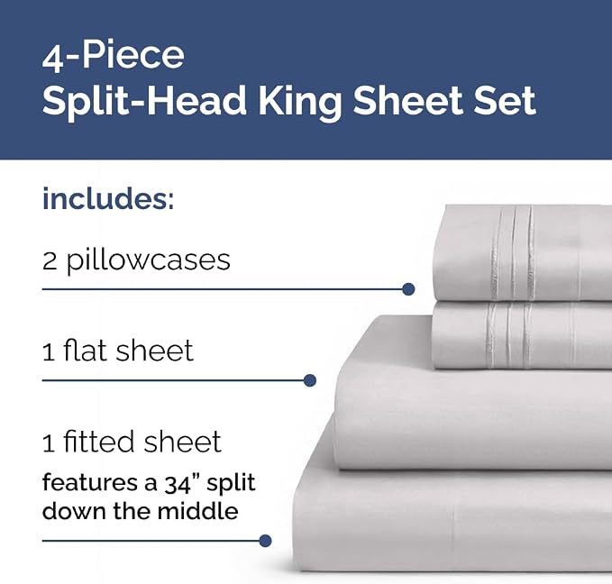 Flex Top Split Head King 4 Piece Sheet Set - Soft & Breathable - Light Grey | Cooling Bed Sheets Set, Hotel Luxury Bedding for Women & Men with Deep Pockets, Wrinkle Free & Fade Resistant, Oeko-Tex