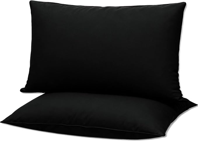 Flat Ultra Thin Bed Pillows Standard Size Pillow Set of 2 Extra Soft Down Alternative for Stomach Back Sleeper Black 20x26inches