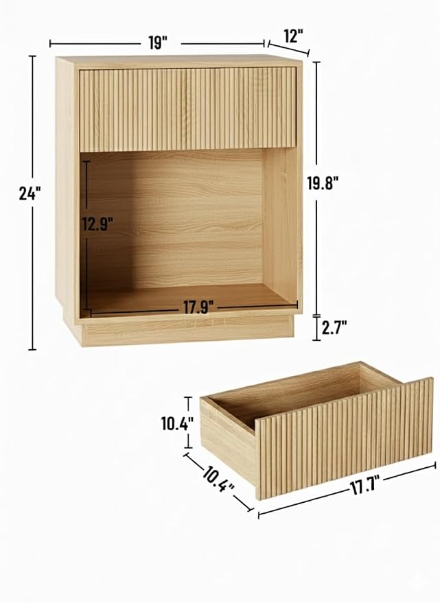 Fluted Nightstands Set of 2, Modern Bedside Table with Storage Drawer and Open Wood Shelf, Wood End Table Mid Century Night Stands for Bedroom Living Room Sofa Couch Office Oak