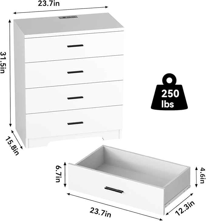 FJTJBSI Dresser with Power Outlets Wooden 4 Drawer Dresser with USB and Type C Port Chest of Drawers for Bedroom Tall White Organizer Storage for Living Room Hallway Closet