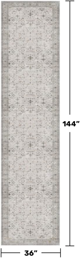 Washable Neutral Kitchen Rug - Modern Boho 3x12 Extra Long Runners for Hallways, Washable Light Gray & Sage Low Pile Entryway Indoor Rug, Non-Slip Stain Resistant Low Pile Throw Carpet