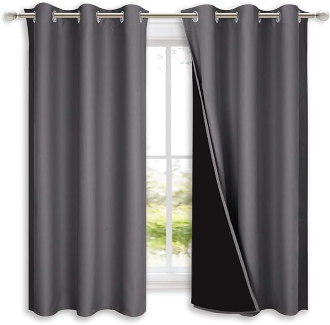 NICETOWN Grey Blackout Curtains for Bedroom 42" Wide x 63" Long 2 Panels | 100% Room Darkening with Black Liners Thermal Insulated 2-Layer Lined Drapes, Energy Efficiency Window Draperies Home Decor