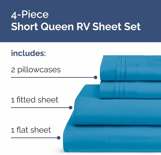 Short Queen Size 4 Piece Bed Sheet Set - RV Short Queen Sheets - Denim Blue | Ultra-Soft, Breathable & Cooling Bed Sheets Set with Deep Pockets, Hotel Luxury Bedding for Women & Men, Wrinkle & Fade Free