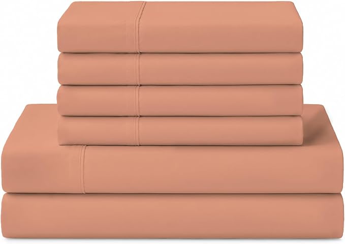 Linen Home 100% Cotton Percale Sheets California King Size, Tera Clay, Deep Pocket, 6 Pieces Set- 1 Flat, 1 Fitted and 4 Pillowcases, Crisp Cool and Long Staple Strong Bed Linen
