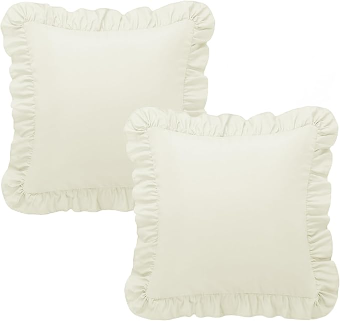 KKJIAF 2 Pack Ruffle Pillow Cases 18x18 Inches, Beige | Square Ruffled Pillow Covers, Microfiber Wrinkle Resistant Pillow Shams with Envelope Closure for Sofa Bed Living Room