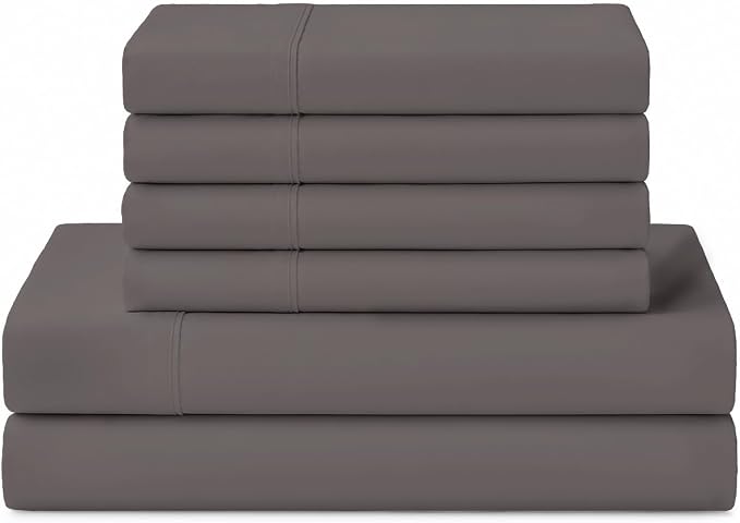Linen Home 100% Cotton Percale Sheets Queen Size, Charcoal, Deep Pocket, 6 Pieces Set- 1 Flat, 1 Fitted and 4 Pillowcases, Crisp Cool and Long Staple Strong Bed Linen