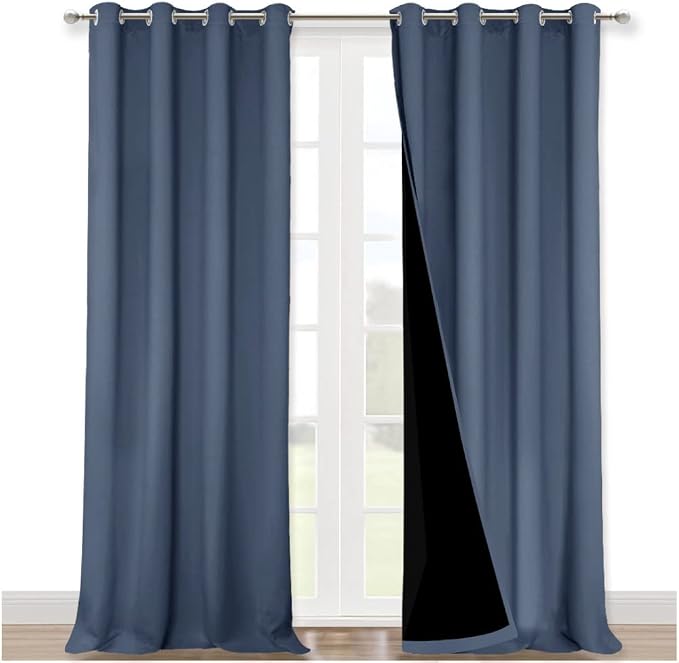 NICETOWN 100% Blackout Curtains for Windows, Pack of 2, Stone Blue, 52" W x 120" L, Super Heavy-Duty Black Lined Total Darkness Drapes for Bedroom, Privacy Assured Window Treatment for Patio