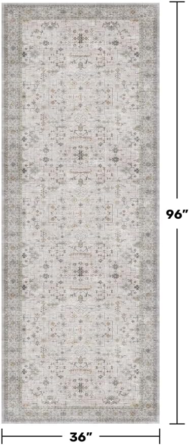Washable Long Runners for Hallways, 3x8 Low Pile Kitchen Runner Rug, Bohemian Light Gray & Sage Entryway Indoor Rug, Distressed Floral Geometric Design, Non-Slip Stain & Fade Resistant