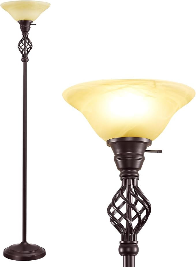 GyroVu Torchiere Floor Lamp for Living Room, LED Standing Reading Light | Yellow Glass Lampshade, 72" Vintage Tall Lamps for Corner Bedroom Home Office, Bulbs Included