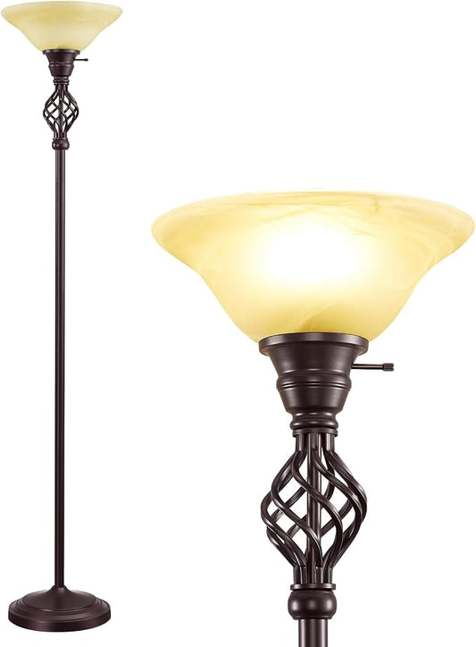 GyroVu Torchiere Floor Lamp for Living Room, LED Standing Reading Light | Yellow Glass Lampshade, 72" Vintage Tall Lamps for Corner Bedroom Home Office, Bulbs Included