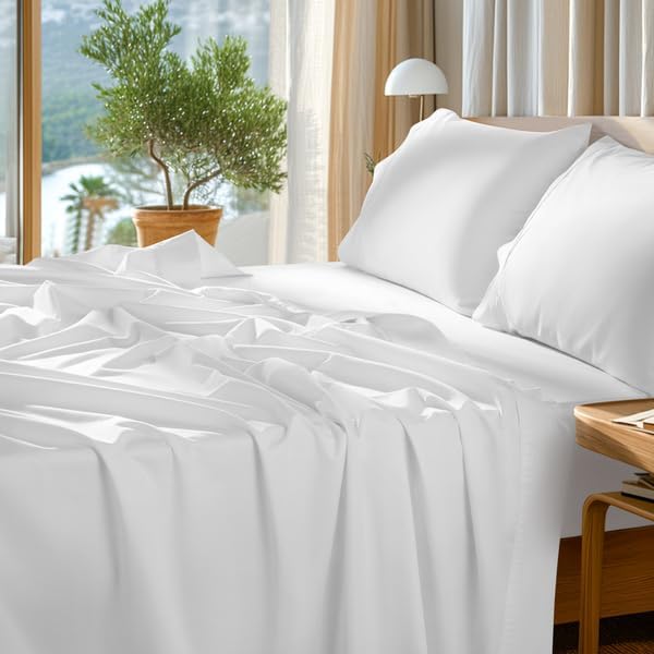 SONORO KATE 1000 Series 100% Egyptian Cotton Cal King Sheet Set,4 Pieces | Soft,Breathable Long Staple,Sateen Weave,Luxury 5-Star Hotel Bed Sheets,16" Deep Pocket,White