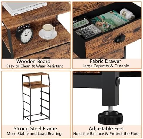 Furnulem Tall Night Stand, Bedside Table for Bedroom, Small Fabric Dresser | Rustic Brown Dorm Closet Organizer, Vertical Storage Drawer, 2-Tier Shelf, Sturdy Steel Frame, Wood Top