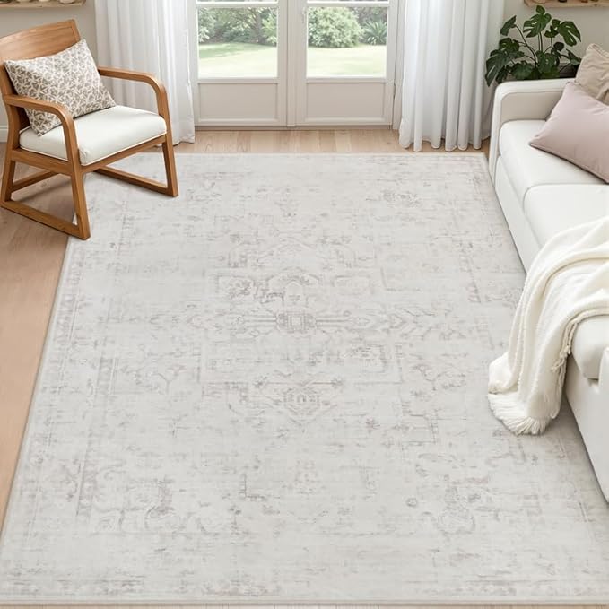 6x9 Area Rugs Living Room: Bedroom Washable Carpet Neutral Cream | Large Vintage Boho Indoor Decor Carpets Soft Nursery Farmhouse Dining Room Office Floor Non-Slip Low Pile Under Table Rug
