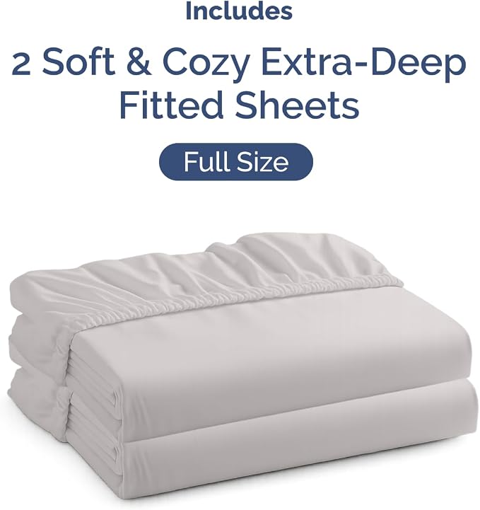 2 Pack Extra Deep Full Fitted Sheets with Extra Deep Pockets - French Grey | Hotel Luxury Bottom Fitted Sheets Only, Soft, Fade & Wrinkle Free, Breathable & Comfy, All Around Elastic Fitted Sheets
