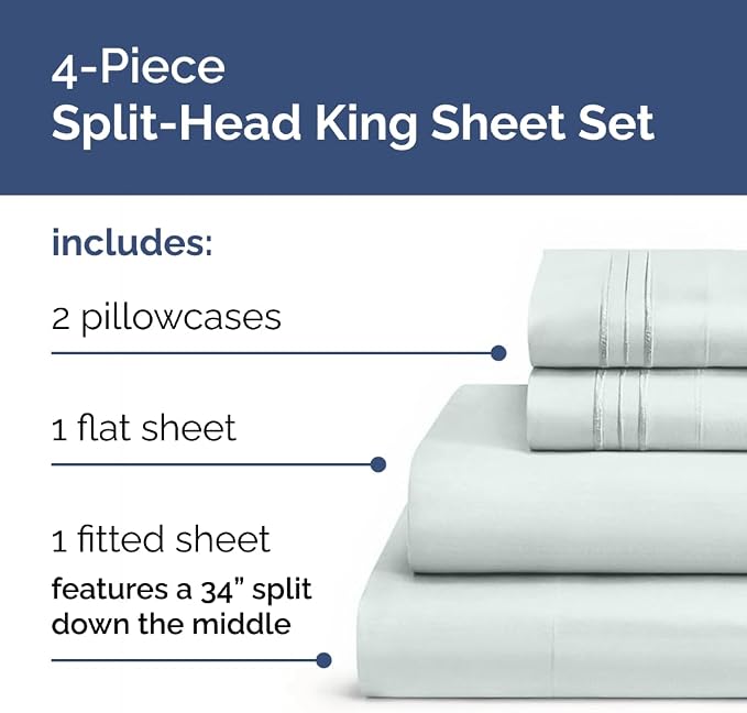 Flex Top Split Head King 4 Piece Sheet Set - Soft & Breathable - Ice Blue | Cooling Bed Sheets Set, Hotel Luxury Bedding for Women & Men with Deep Pockets, Wrinkle Free & Fade Resistant, Oeko-Tex