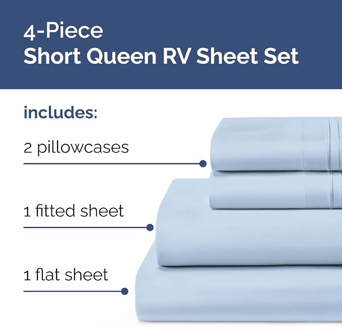 Short Queen Size 4 Piece Bed Sheet Set - RV Short Queen Sheets - Sky Blue | Ultra-Soft, Breathable & Cooling Bed Sheets Set with Deep Pockets, Hotel Luxury Bedding for Women & Men, Wrinkle & Fade Free