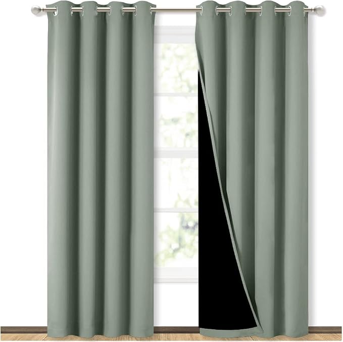 NICETOWN Greyish Green Blackout Curtains for Nursery 52" w x 84" L 2 Panels | 100% Blackout Cold Full Light Blocking Drapes with Black Liner, Thermal Insulated Draperies Noise Reducing Window Decor