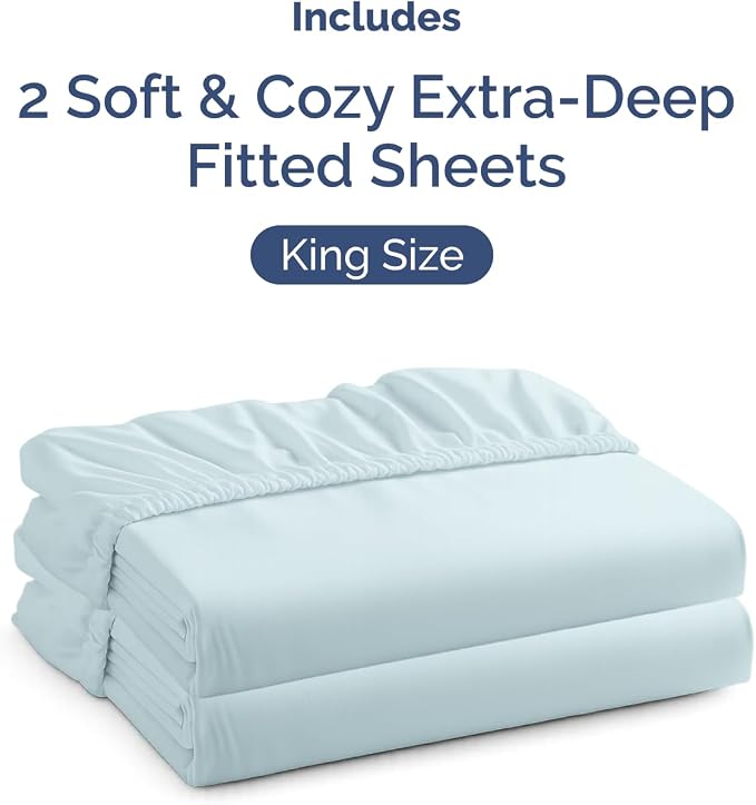 2 Pack Extra Deep King Fitted Sheets with Extra Deep Pockets - Ice Blue | Hotel Luxury Bottom Fitted Sheets Only, Soft, Fade & Wrinkle Free, Breathable & Comfy, All Around Elastic Fitted Sheets